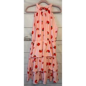 Belle Poque Pink Strawberry Print Tiered Mini Dress Halter Neck Size M